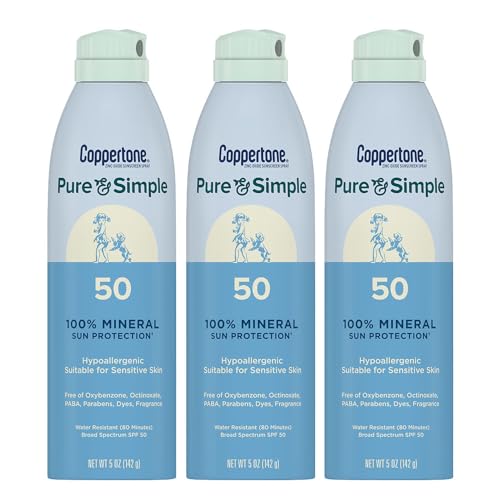 Coppertone Pure and Simple Zinc Oxide Mineral Sunscreen Spray SPF 50, Water Resistant Sunscreen for Sensitive Skin, Hypoallergenic and Fragrance Free, 5 Oz Can, Pack of 3
