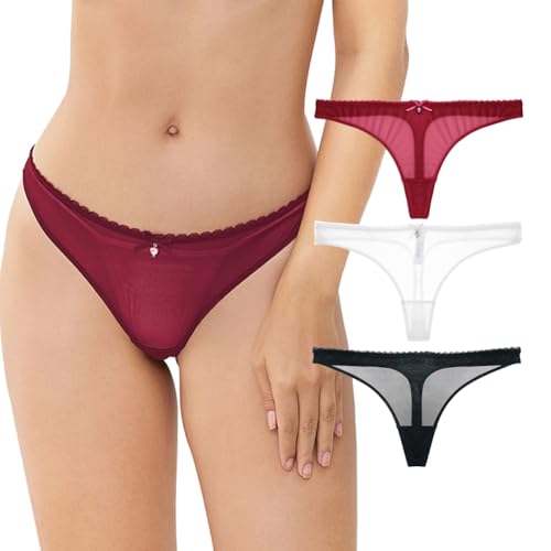 Varsbaby N082TS-BLACK+WHITE+RED-S Women'S Sexy Sheer Panties Thongs Mesh G-Strings Low Rise Brief Underwear cover