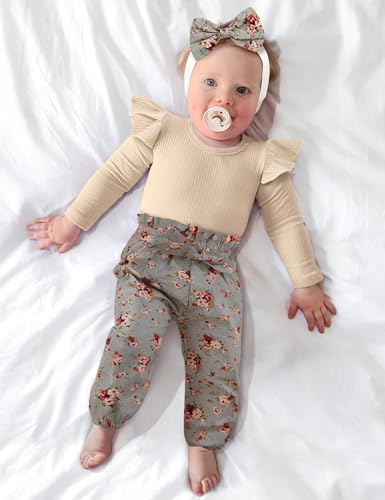 KANGKANG Newborn Baby Girl Clothes Ribbed Ruffle Sleeve Romper + Floral Pants + Headband Cute Infant Baby Girl Outfit 3Pcs3