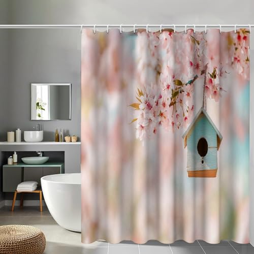 Rideau de douche rose esthétique grand format 240x200 cm fleurs de cerisier polyester - 2