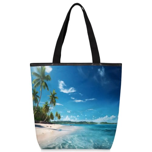 Mularoka Coconut Beach Scenery Canvas Tote Bag with Zipper and Pockets Canvas Tote Shopping Bag Women Reusable Grocery Bag for Beach Travel Gym Shopping