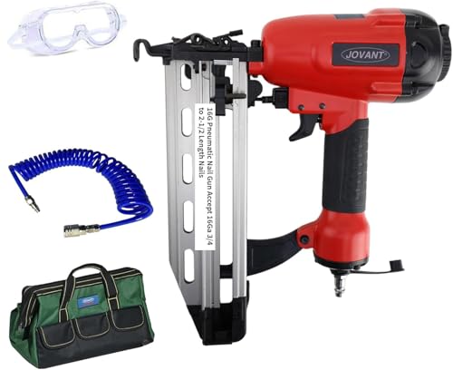 Pnumatic Finish Nailer 16Gauge Nail Gun Acepts 3/4 Inch up to 2-1/2 Inch Finish Nails.Brad Nailer Gun Can Hit Hardwood Ideal for Upholstery (Include 6m Air Tube & Portable Bag)