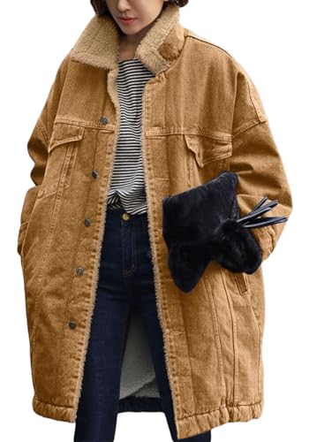 Image of loveimgs Women Long Sherpa Fleece Lined Jeans Jacket Denim Trench Coat Thicken Button Down Patchwork Trucker Coat Overcoat (Small, Khaki)
