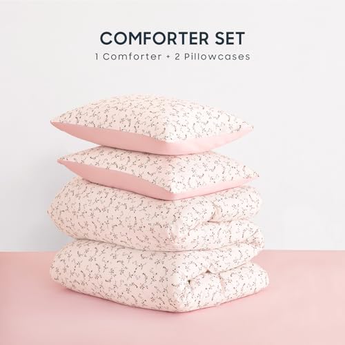 Image of Wake In Cloud - Floral Comforter Set, Coquette Cottagecore Aesthetic Cute Flower Pattern for Women Teen Girls, Soft Lightweight Dorm Bedding, 3 Pieces, Dusty Pink, Twin /Twin XL Size