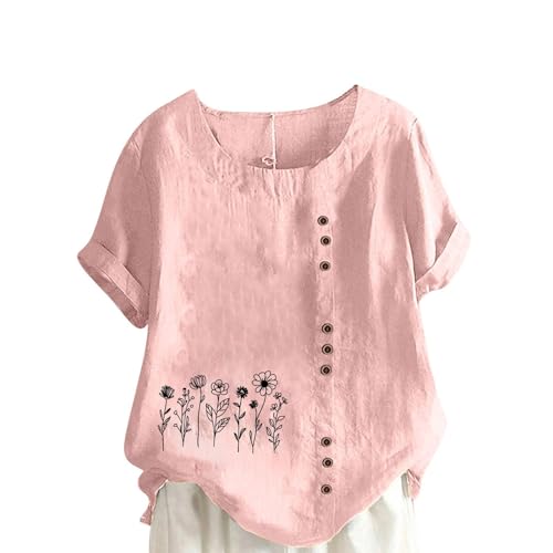 TRIGLICOLEUM Blusa de lino informal para mujer, algodón y lino, botones de muselina, blusa con estampado floral, camiseta de manga corta, cuello redondo, camiseta de verano, túnica, tallas grandes