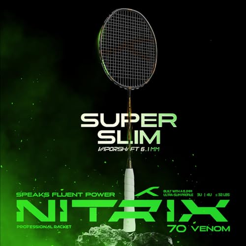 Image of Hundred Nitrix 70 Venom Badminton Racket with Full Cover|≤32 lbs | Head-Heavy Power | M46X Carbon | 6.1 mm Slim Shaft | Explosive Smashes & Control (Black /Green)