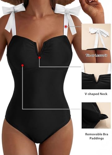 Aleumdr Retro One Piece Swimsuit for Women Tummy Control Bathing Suits V Neck Boho Tie Shoulder Color Block Monokini Swimming Athletic Swimwear Black X-Large - 4
