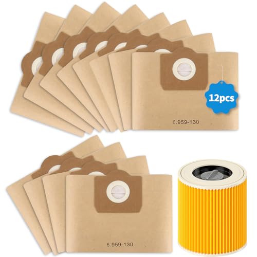 12 Stück Kärcher WD3 Beutel +1 stück filter,für Karcher 6.959-130.0,Staubsaugerbeutel Kärcher WD3,kompatibel mit WD3 1629 MV3 A2201/2204/2554/2604,und patronenfilter für kärcher 6.414-552.0