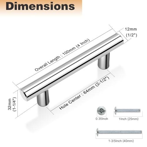 Image of Probrico 5Pack | 2-1 /2 inch Hole Centers Kitchen Cabinet Pulls Polished Chrome, Modern Euro Round T Bar Stainless Steel Cabinet Pulls, Chrome Handles for Cabinet and Drawers 4 inch Length