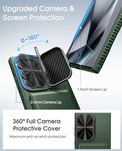 Image of Vihibii PC + Silicone For Samsung Galaxy S24 Ultra Back Cover With Card Holder(4 Cards)&Stand&Camera Lens Cover&Raised Edges Protect Screen,Rugged Shockproof Phone Case For Galaxy S24 Ultra 6.8 inch,Green