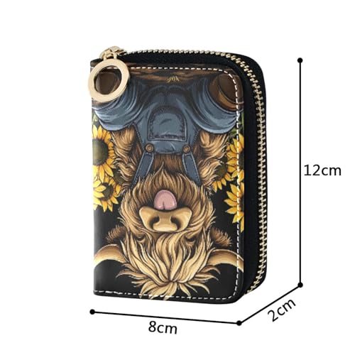 GAIGEO Credit Card Protector RFID Blocking Leather Womens Wallets Zip Around Coin Purse Pouch with Zipper Sunflower Cute Highland Cow3