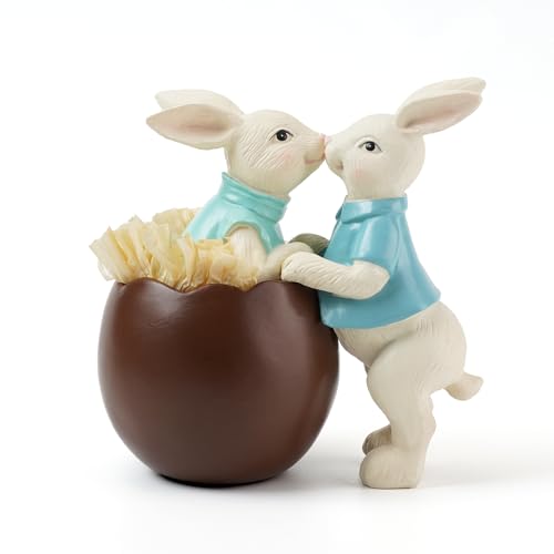 Homemory Conejos decorativos de conejo en un huevo de chocolate de Pascua, figuras de estatua de Pascua para decoración de mesa de primavera para interiores (de pie)