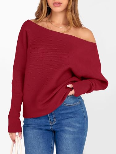 Image of ANRABESS Womens Off Shoulder Sweaters 2026 Fall Long Batwing Sleeve Loose Fit Knit Tops Casual Pullovers Jumpers