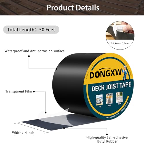Image of Dongxw Joist Tape for Decking, 1 Roll 4 inch X 50' Waterproof Butyl Tape Deck Joist Flashing Tape for Joists and Beams