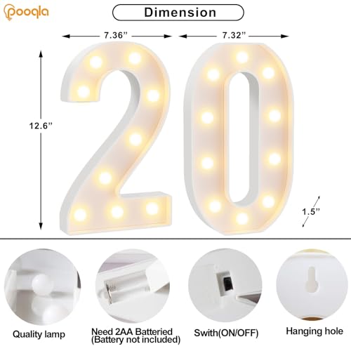 Image of Pooqla 20th Birthday Decorations for Her Him, Large 12.6 in Tall Light Up Numbers for Party Decorations Table Decor, Big Marquee Numbers 20th Birthday Gift for Women Men Wedding Anniversary Decor