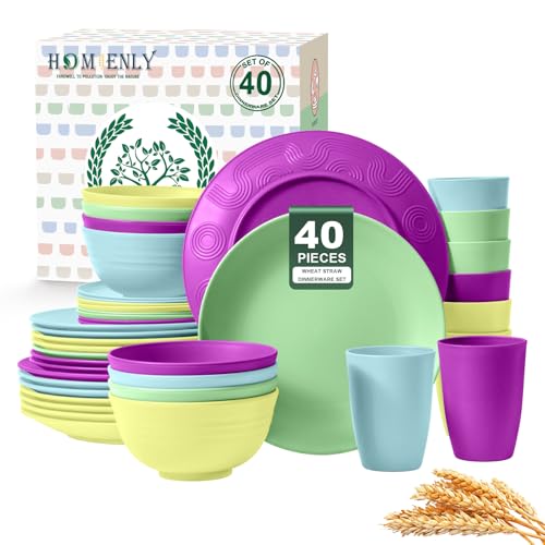 Image of Homienly 40-Piece Kichen Dinnerware Set, Wheat Straw Dinnerware Set, Plates, Bowls, Drinking Cups, Service for 8, Dishwasher & Microwave Safe Dish Set, Unbreakable Plates and Bowls Set - Memphis