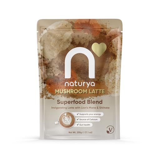 Naturya Mushroom Superfood Latte 200g | Reishi, Chaga & Lion’s Mane Blend | Caffeine-Free | Source of Copper | Adaptogenic Mushroom Drink Powder