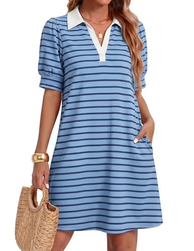 Image of ZESICA Womens Summer Striped T Shirt Mini Dresses 2026 Casual Lapel V Neck Short Sleeve Flowy A Line Beach Vacation Dress