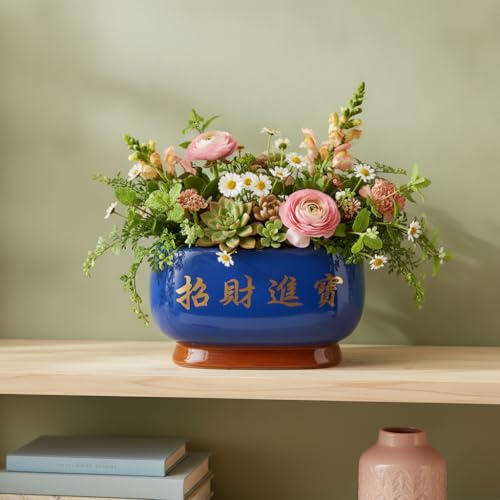 Image of Xtore Elegant Sky-Blue Ceramic Bonsai Planter Pot for Indoor & Tabletop Decor | Glossy Finish Bowl with Artistic Raised Detailing & Sturdy Feet Base (Pack of 1, Planter Only)