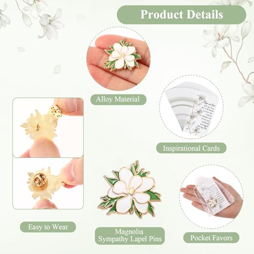 Sasylvia 60 Sets Funeral Pins Bulk Celebration of Life Funeral Favors Includes Lapel Pin Brooches Memorial Poem Cards Organza Bags Gifts Charms for Who Loss Loved One(Magnolia)3
