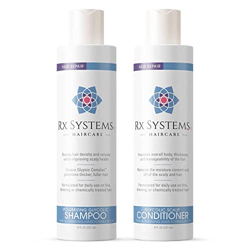 Rx Systems PF Glycolic Shampoo + Conditioner - Hair Growth Formula for Women's Healthy Scalp and Hair Loss Routine - Dermatologist Developed