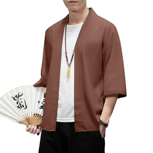 Image of PRIJOUHE Men's Kimono Jackets Cardigan Lightweight Casual Cotton Blends Linen Seven Sleeves Open Front Coat Outwear