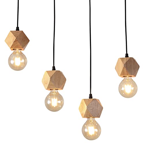 MAXDUYU Lámpara Colgantes Vintage,Lamparas de Techo Industrial Madera,Luces de Techo creativas Iluminación Colgante de Sala de Estar y Cocina,Ajustable 4 Luces Cover