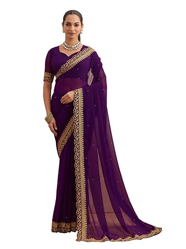 Image of Women's Georgette Embroidery Border Beads work Saree with Blouse Piece