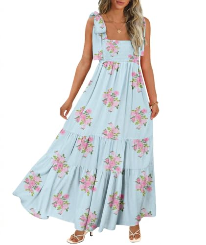 Image of CURBODO Women's Summer Maxi Dress Boho Spaghetti Straps Casual Long A-line Smocked Beach Dress Square Neck Flowy Sun Dress
