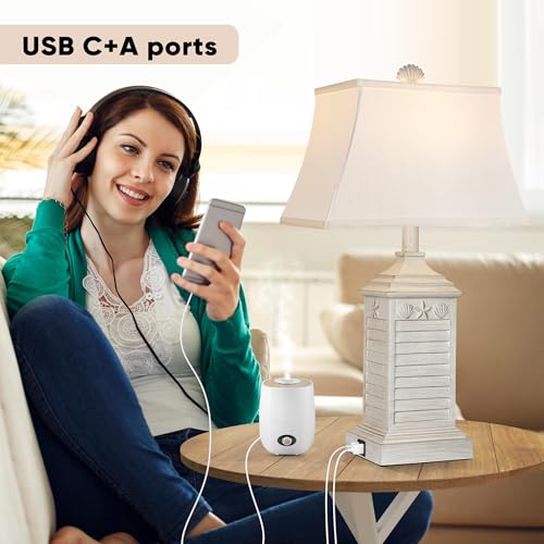 Hamucd STR-DL-0116 Coastal Table Lamps Set Of 2, Beach Living Lamps For Bedroom With Usb A+C, Washed White Modern Resin Led 3-Color Temperature Bedside Nautical Decor thumb #2