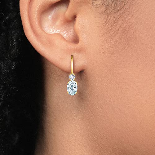 Gem Stone King 14K Yellow Gold Sky Blue Aquamarine and White Created Sapphire Leverback Earrings For Women | 0.94 Cttw | Gemstone March Birthstone | Oval 6X4MM, Round 2MM | 3/4 Inch3