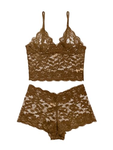 Image of Lilosy Sexy Sheer Floral Lace Pajamas Lingerie Set High Waist Sleepwear Bra and Panty 2 Piece Nightwear