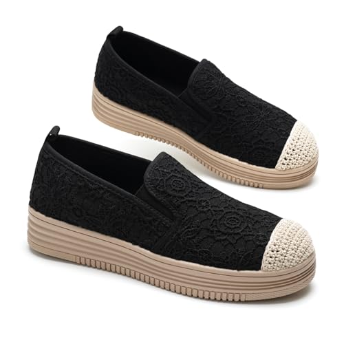 GLAMORA Zapatillas Mujer Sin Cordones Encaje Transpirable con Elástico Ajustable Plataforma Cómoda Punta Redonda Suela Antideslizante Estilo Casual Urbano Calzado Ligero Primavera Verano black 38