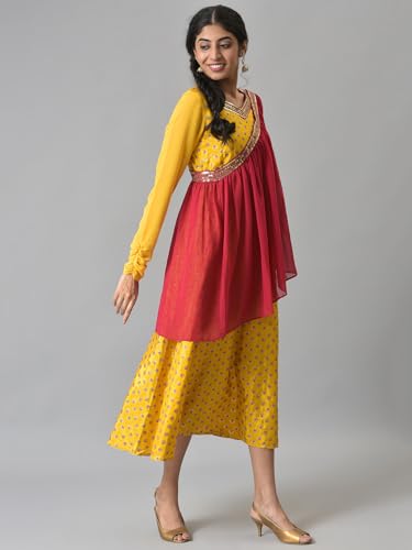 Image of Aurelia Yellow Zari Embroidered Dress with Pink Embroidered Dupatta