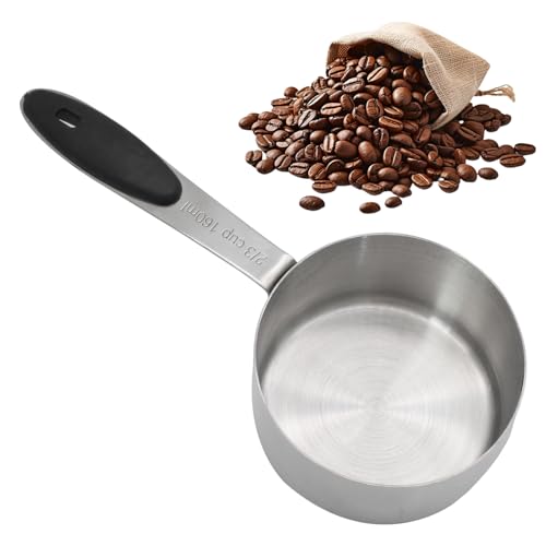 Cionyce 2/3 cup measuring cup,160 ML Stainless Steel Coffee Measuring Scoops, Single Metal Coffee Scoop Measuring Cup with Black Silicone Handle
