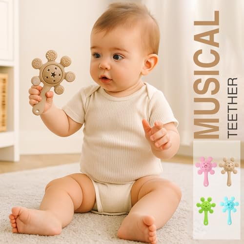 Image of Silicone Baby Teether & Rattle Toy - Soft & Safe for Infants, BPA-Free, Multi-Texture Design for Teething Relief & Early Development (Brown)