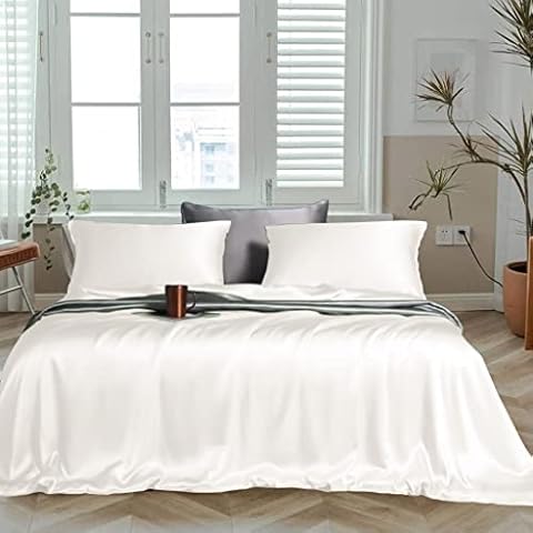 LINENWALAS 100% Natural Bamboo Sheets Set 4 PC - Luxury Softest Cool Bedding Perfect for Skincare- Fitted Sheet , Flat Sheet & Pillowcases (Double, White) Cover