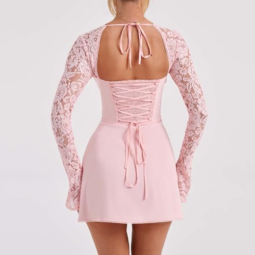 Image of Women Lace Mini Dress Sexy Square Neck Lace Long Sleeves Backless Tie-Up A-Line Short Dresses Cocktail Bodycon Dress