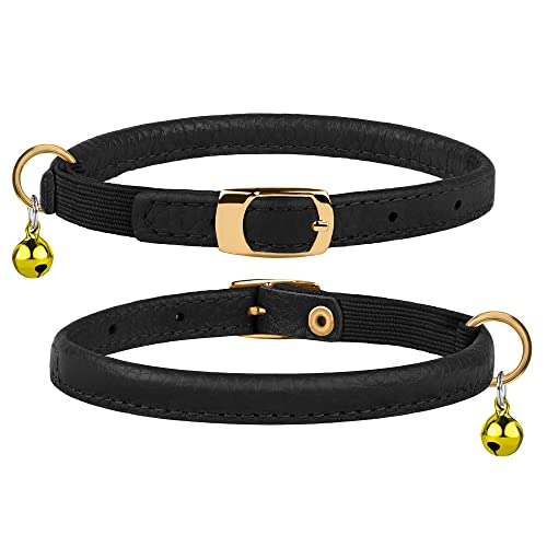 Murom Rolled Leather Cat Collar With Elastic Strap Safety Adjustable Pet Collars For Cats Kitten Yellow Red Pink Blue Orange Brown Gray (Black) #TOP1