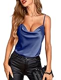 VIDUSSA Womens Sexy Tank Tops Satin Cami Cowl Neck Cami Satin Camisole Sleeveless Blouses Navy Blue S