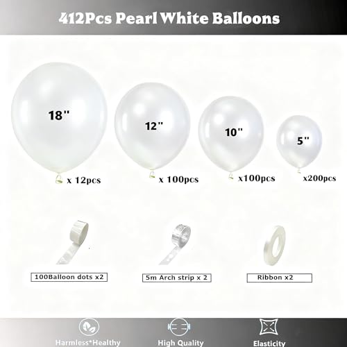 Image of 412pcs Pearl White Balloons Different Sizes 18 12 10 5 Inch, White Balloon Garland Arch Kit for Engagement Baby Shower Birthday Wedding Party Decorations