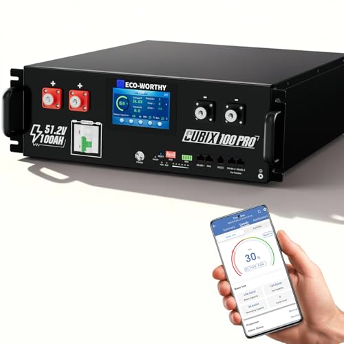 ECO-WORTHY Cubix100 Pro 48V 100Ah Server Rack LiFePO4 Lithium Battery LED Display Bluetooth & WiFi Connectivity Low-Temperature Resistant Cells for Home Backup Power and Solar Energy Storage