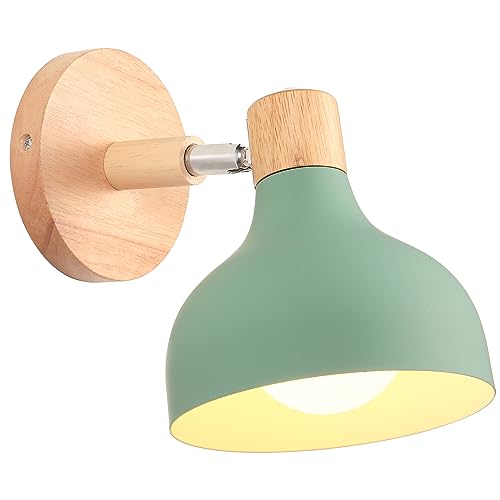 iDEGU Lampada da Parete Retrò LED Applique da Parete Interno Vintage in Legno Metallo Moderne Lampada a Muro Stile Scandinavo Orientabile E27 Illuminazione per Camera da Letto Soggiorno (Verde)