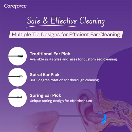Image of Careforce - The Force Behind Your Health Ear Cleaning Kit Steel & Reusable With Storage Pack Tool Kit With Ear Curette Cleaner And Spring Ear Buds Cleaner 6 Pcs Set Black
