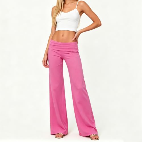 Image of Lounge Yoga Pants for Women Fold Over Low Waist Wide Leg Bell Bottoms