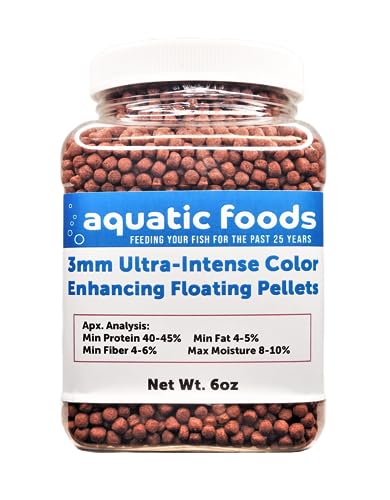 Aquatic Foods Inc. 3mm-1/8 Ultra-Intense Red Color Enhancing Floating Pellets for All Tropical Fish, Discus, Red Flower Horn, Red Parrot, All Fish, All Cichlids - 6oz Small Jar