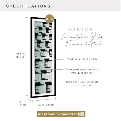 Image of MCS Foundation 13.5x40 Poster Frame Traditional Black, Vertical & Horizontal Wall Hanging Large Picture Frame for Photos, Panoramics, Posters & Art Prints (2-Pack)