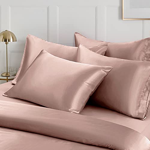 Image of Ersmak 6 Pieces Satin Duvet Cover Full /Queen Size Luxury Silky Bedding Duvet Cover Set with 1 Soft Duvet Cover, 4 Queen Pillowcases and 1 Body Pillowcase, Champagne