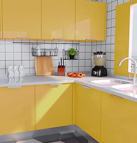 Image of HOME13 Yellow Glossy Self Adhesive Wallpaper Removable and Decorative Vinyl Wallpaper for Kitchen Countertop Cabinets Table /Pack of 2 /2 Ft by 12 Ft