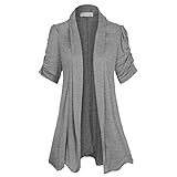 Womens Open Front Ruched Short Sleeve Shark Bite Hem Casual Plus Size Cardigan, Heather Gray, XX - Large